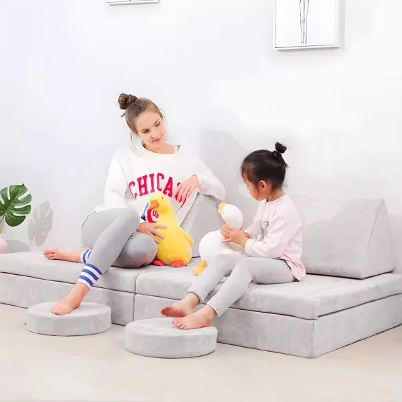 Gyerek moduláris fotel, ECOTOYS TMSRT-13, szürke, 8 modul, levehető és mosható huzat, habszivacs, átalakítható kanapévá, puffá, matraccá, teherbírás: 120 kg