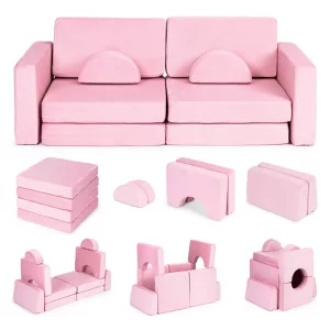 Gyerek moduláris fotel, ECOTOYS TMSRT-15, rózsaszín, 10 modul, levehető és mosható huzat, habszivacs, átalakítható kanapévá, puffá, matraccá, teherbírás: 120 kg, 2 gyermeknek