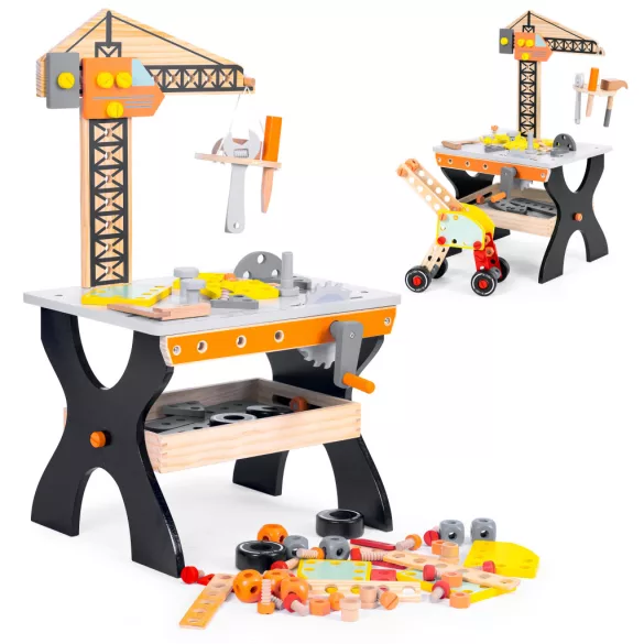 Fa gyerek munkapad, ECOTOYS TL812003, 67 cm, kiegészítőkkel, lekerekített élek, 3 éves kortól, mozgatható polccal és szerszámtartóval
