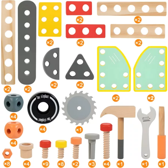 Fa gyerek munkapad, ECOTOYS TL812003, 67 cm, kiegészítőkkel, lekerekített élek, 3 éves kortól, mozgatható polccal és szerszámtartóval