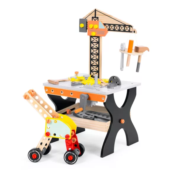 Fa gyerek munkapad, ECOTOYS TL812003, 67 cm, kiegészítőkkel, lekerekített élek, 3 éves kortól, mozgatható polccal és szerszámtartóval