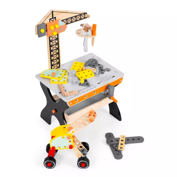 Fa gyerek munkapad, ECOTOYS TL812003, 67 cm, kiegészítőkkel, lekerekített élek, 3 éves kortól, mozgatható polccal és szerszámtartóval