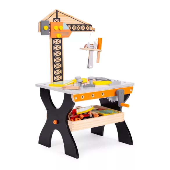 Fa gyerek munkapad, ECOTOYS TL812003, 67 cm, kiegészítőkkel, lekerekített élek, 3 éves kortól, mozgatható polccal és szerszámtartóval