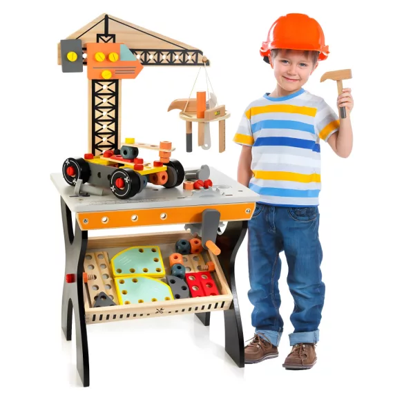 Fa gyerek munkapad, ECOTOYS TL812003, 67 cm, kiegészítőkkel, lekerekített élek, 3 éves kortól, mozgatható polccal és szerszámtartóval