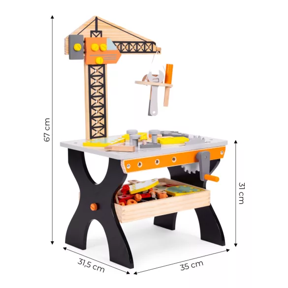 Fa gyerek munkapad, ECOTOYS TL812003, 67 cm, kiegészítőkkel, lekerekített élek, 3 éves kortól, mozgatható polccal és szerszámtartóval