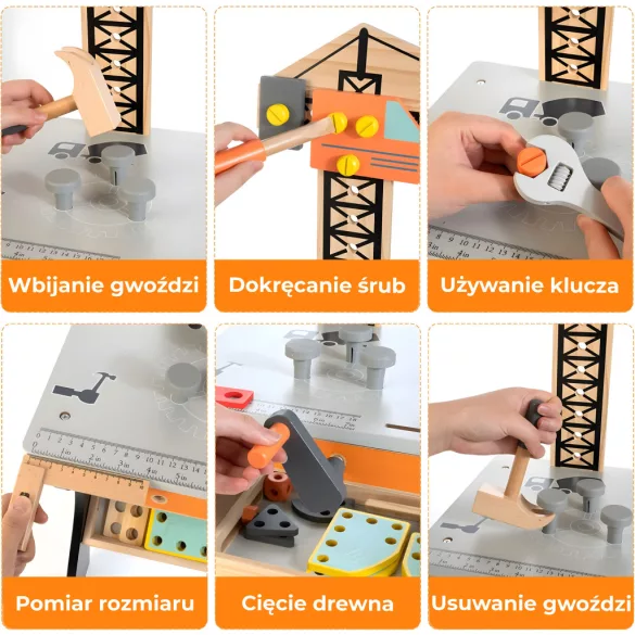 Fa gyerek munkapad, ECOTOYS TL812003, 67 cm, kiegészítőkkel, lekerekített élek, 3 éves kortól, mozgatható polccal és szerszámtartóval