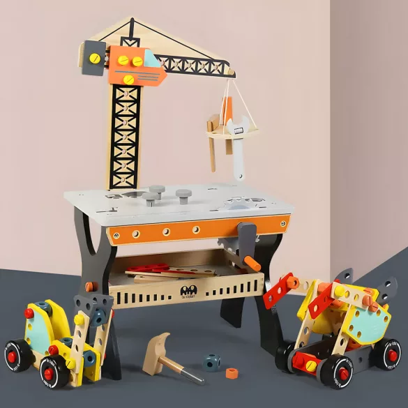 Fa gyerek munkapad, ECOTOYS TL812003, 67 cm, kiegészítőkkel, lekerekített élek, 3 éves kortól, mozgatható polccal és szerszámtartóval