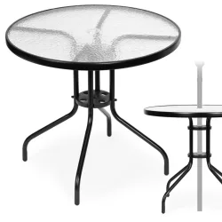   Kerti asztal, MultiGarden SC-072, fekete, kerek, átmérő: 80 cm, magasság: 71 cm, edzett üveglap, porszórt acél váz, napernyőnyílás (4,5 cm), teherbírás: 60 kg