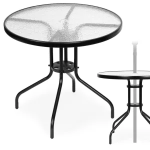 Kerti asztal, MultiGarden SC-072, fekete, kerek, átmérő: 80 cm, magasság: 71 cm, edzett üveglap, porszórt acél váz, napernyőnyílás (4,5 cm), teherbírás: 60 kg