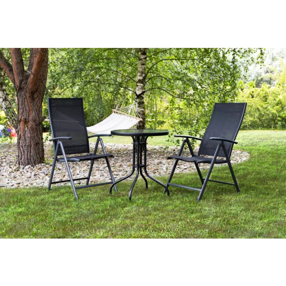 Kerti asztal, MultiGarden SC-072, fekete, kerek, átmérő: 80 cm, magasság: 71 cm, edzett üveglap, porszórt acél váz, napernyőnyílás (4,5 cm), teherbírás: 60 kg