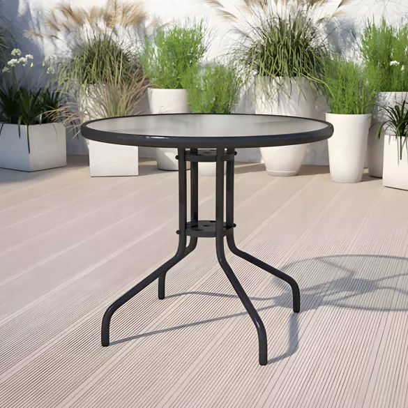 Kerti asztal, MultiGarden SC-072, fekete, kerek, átmérő: 80 cm, magasság: 71 cm, edzett üveglap, porszórt acél váz, napernyőnyílás (4,5 cm), teherbírás: 60 kg