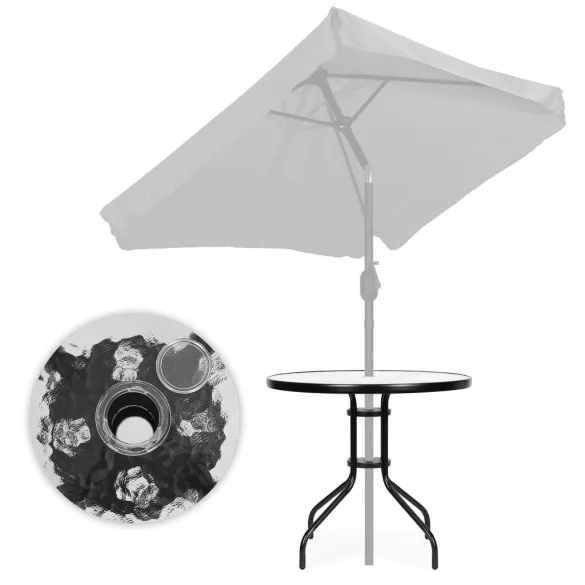 Kerti asztal, MultiGarden SC-072, fekete, kerek, átmérő: 80 cm, magasság: 71 cm, edzett üveglap, porszórt acél váz, napernyőnyílás (4,5 cm), teherbírás: 60 kg