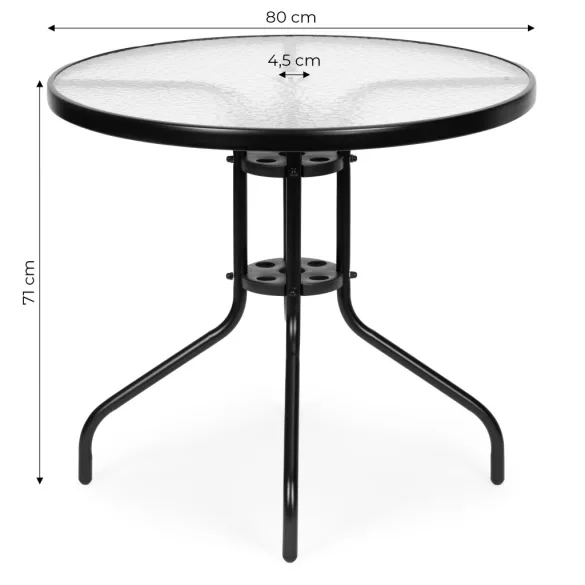 Kerti asztal, MultiGarden SC-072, fekete, kerek, átmérő: 80 cm, magasság: 71 cm, edzett üveglap, porszórt acél váz, napernyőnyílás (4,5 cm), teherbírás: 60 kg