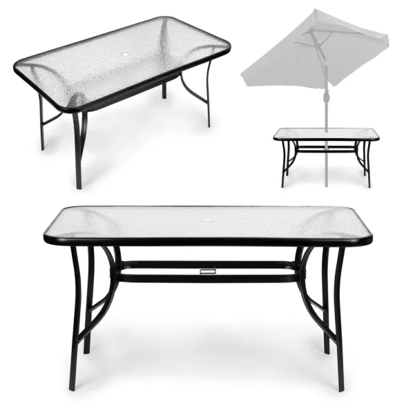 Kerti asztal, MultiGarden SC-094-120, fekete, 120 x 70 cm, magasság: 71 cm, edzett üveglap, porszórt acél váz, napernyőnyílás (4,5 cm), teherbírás: 60 kg