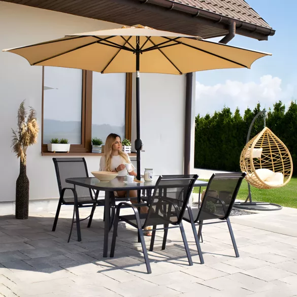 Kerti asztal, MultiGarden SC-094-120, fekete, 120 x 70 cm, magasság: 71 cm, edzett üveglap, porszórt acél váz, napernyőnyílás (4,5 cm), teherbírás: 60 kg