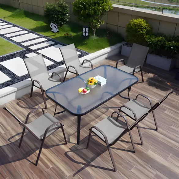 Kerti asztal, MultiGarden SC-094-120, fekete, 120 x 70 cm, magasság: 71 cm, edzett üveglap, porszórt acél váz, napernyőnyílás (4,5 cm), teherbírás: 60 kg