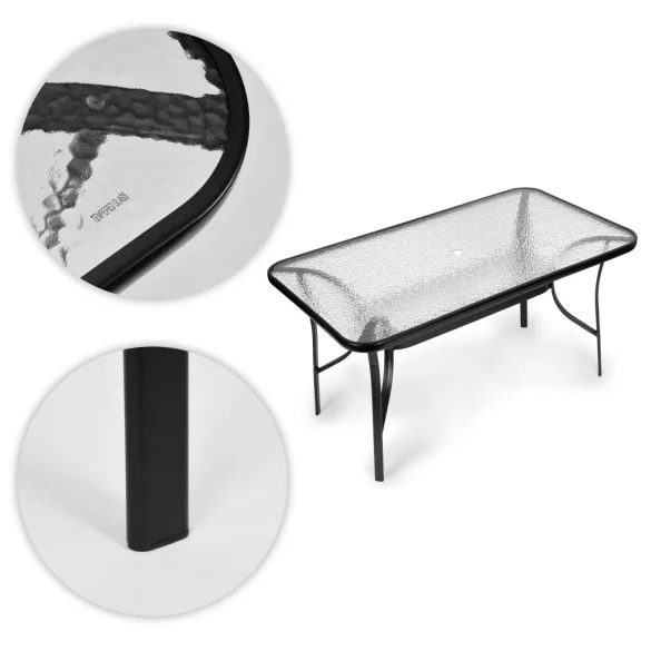 Kerti asztal, MultiGarden SC-094-120, fekete, 120 x 70 cm, magasság: 71 cm, edzett üveglap, porszórt acél váz, napernyőnyílás (4,5 cm), teherbírás: 60 kg