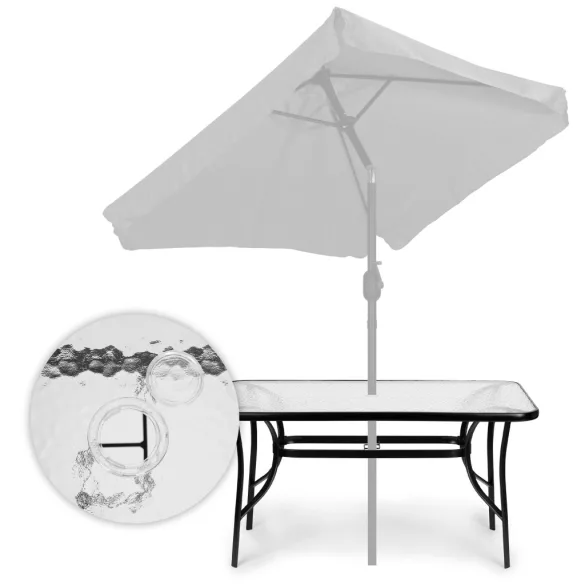 Kerti asztal, MultiGarden SC-094-120, fekete, 120 x 70 cm, magasság: 71 cm, edzett üveglap, porszórt acél váz, napernyőnyílás (4,5 cm), teherbírás: 60 kg