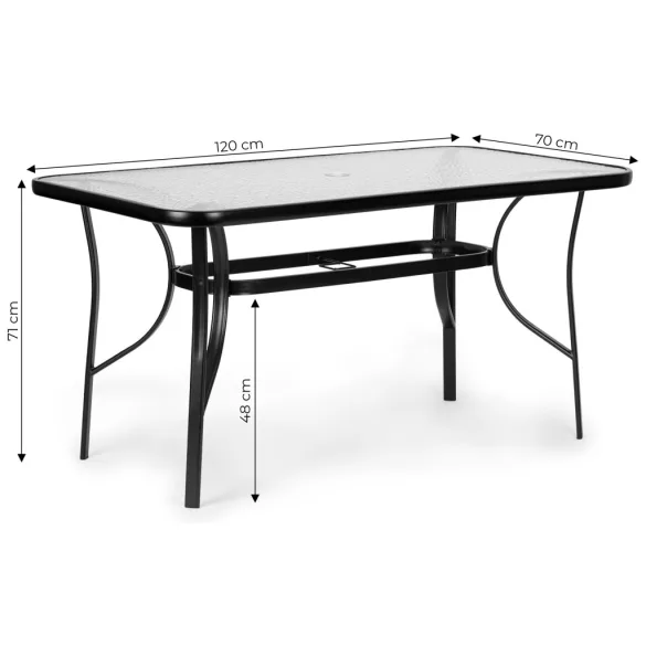 Kerti asztal, MultiGarden SC-094-120, fekete, 120 x 70 cm, magasság: 71 cm, edzett üveglap, porszórt acél váz, napernyőnyílás (4,5 cm), teherbírás: 60 kg