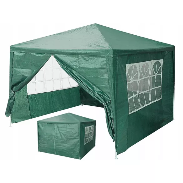 Kerti pavilon, MultiGarden PAW 3X3, zöld, 3 x 3 m, 4 oldalfallal (1 teljes, 1 cipzáras, 2 ablakos), fém vázzal, vízálló PE ponyva, 2,5 m magassággal