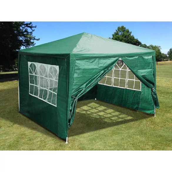 Kerti pavilon, MultiGarden PAW 3X3, zöld, 3 x 3 m, 4 oldalfallal (1 teljes, 1 cipzáras, 2 ablakos), fém vázzal, vízálló PE ponyva, 2,5 m magassággal
