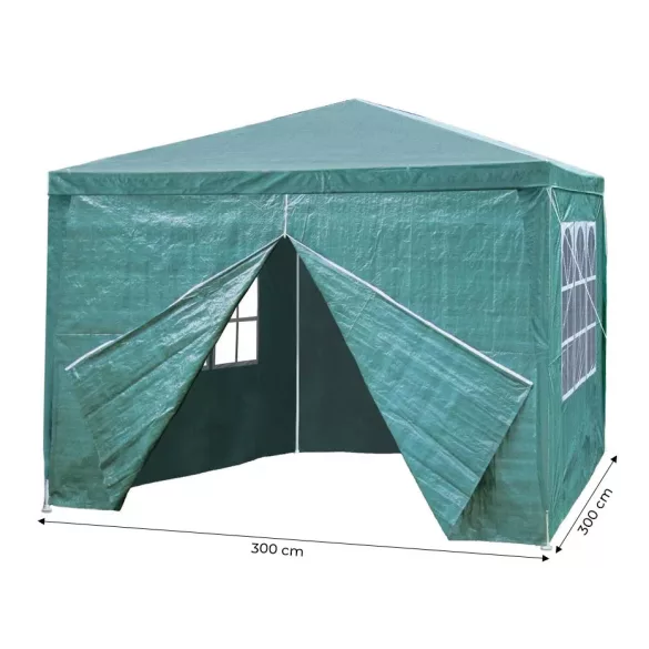 Kerti pavilon, MultiGarden PAW 3X3, zöld, 3 x 3 m, 4 oldalfallal (1 teljes, 1 cipzáras, 2 ablakos), fém vázzal, vízálló PE ponyva, 2,5 m magassággal