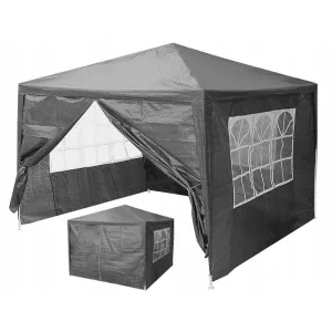 Kerti pavilon, MultiGarden PAW 3X3, szürke, 3 x 3 m, 4 oldalfallal (1 teljes, 1 cipzáras, 2 ablakos), fém vázzal, vízálló PE ponyva, 2,5 m magassággal
