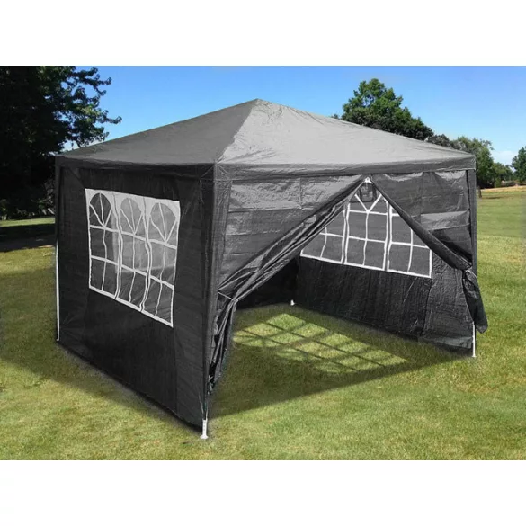 Kerti pavilon, MultiGarden PAW 3X3, szürke, 3 x 3 m, 4 oldalfallal (1 teljes, 1 cipzáras, 2 ablakos), fém vázzal, vízálló PE ponyva, 2,5 m magassággal