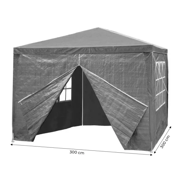 Kerti pavilon, MultiGarden PAW 3X3, szürke, 3 x 3 m, 4 oldalfallal (1 teljes, 1 cipzáras, 2 ablakos), fém vázzal, vízálló PE ponyva, 2,5 m magassággal