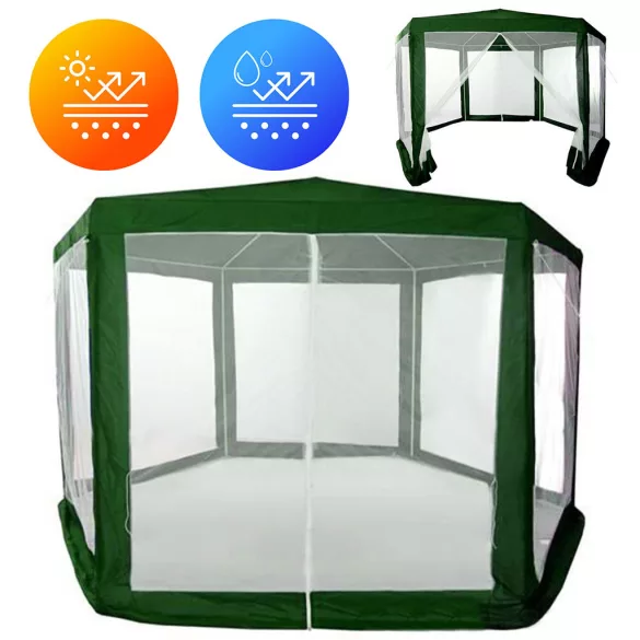 Kerti pavilon, MultiGarden PAW 2X2X2 NET, zöld, 2 x 2 m, 6 szúnyoghálós oldalfallal, fém vázzal, vízálló PE ponyva, 2 m magassággal, cipzáras bejárat