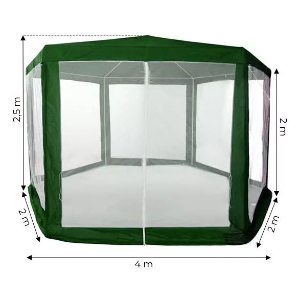 Kerti pavilon, MultiGarden PAW 2X2X2 NET, zöld, 2 x 2 m, 6 szúnyoghálós oldalfallal, fém vázzal, vízálló PE ponyva, 2 m magassággal, cipzáras bejárat