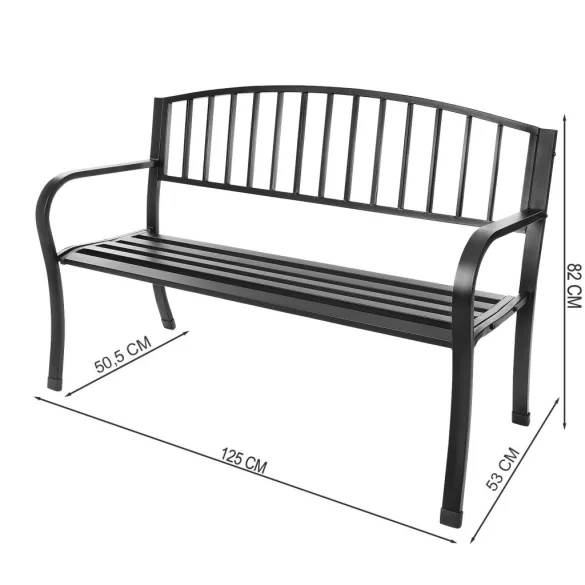 Kerti pad, Bauerkraft G-414, fekete, 125 x 53 x 82 cm, acél és öntöttvas, háttámlával, időjárásálló, teherbírás: 180 kg