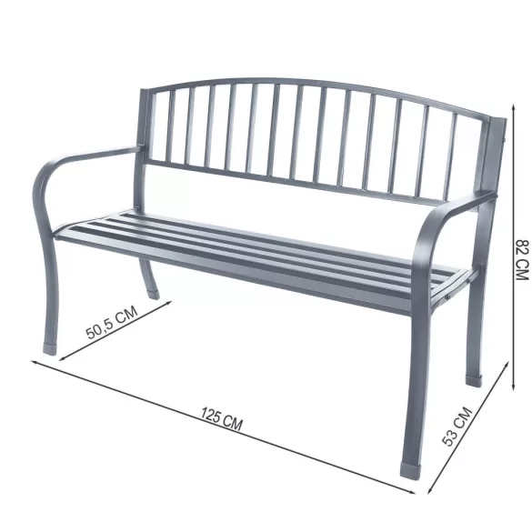 Kerti pad, Bauerkraft G-823, szürke, 125 x 53 x 82 cm, acél és öntöttvas, háttámlával, időjárásálló, teherbírás: 180 kg