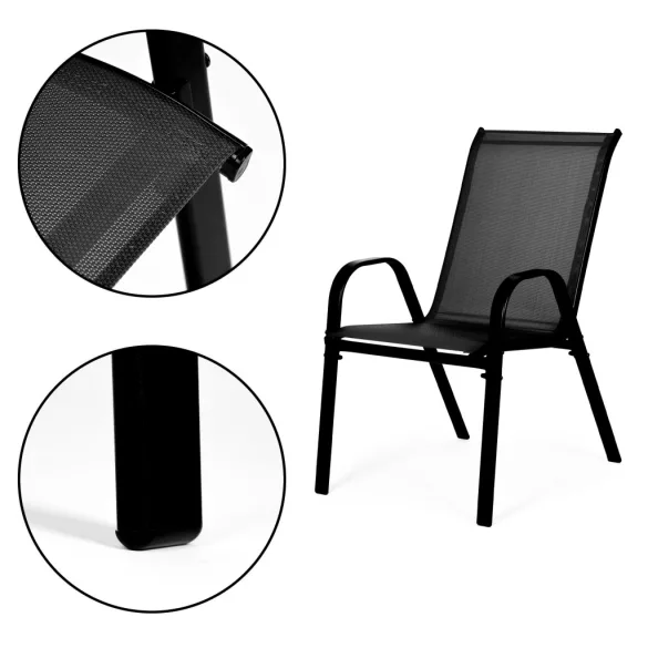 Kerti szék, MultiGarden SC-092KD-4, fekete, 72 x 55 x 90,5 cm, acél keret, textil, egymásra rakható, karfás, csúszásgátló lábak, 120 kg teherbírás, 4 db-os szett