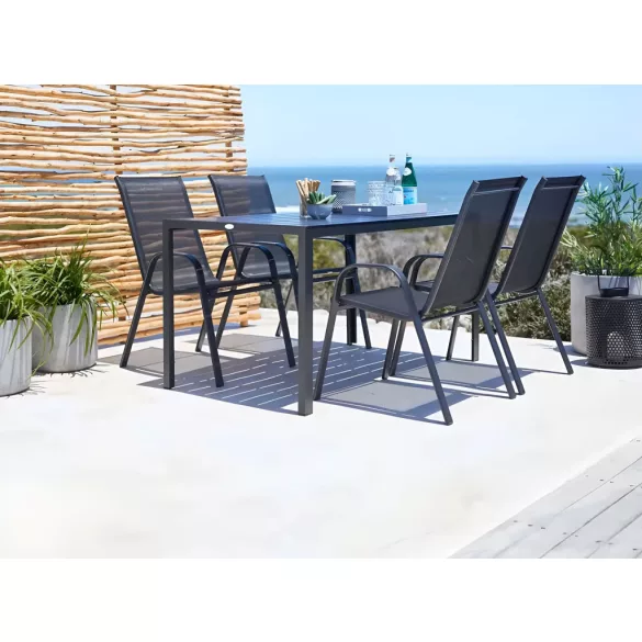 Kerti szék, MultiGarden SC-092KD-4, fekete, 72 x 55 x 90,5 cm, acél keret, textil, egymásra rakható, karfás, csúszásgátló lábak, 120 kg teherbírás, 4 db-os szett