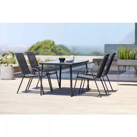 Kerti szék, MultiGarden SC-092KD-4, fekete, 72 x 55 x 90,5 cm, acél keret, textil, egymásra rakható, karfás, csúszásgátló lábak, 120 kg teherbírás, 4 db-os szett