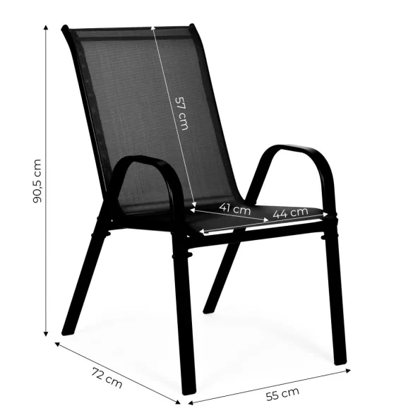Kerti szék, MultiGarden SC-092KD-4, fekete, 72 x 55 x 90,5 cm, acél keret, textil, egymásra rakható, karfás, csúszásgátló lábak, 120 kg teherbírás, 4 db-os szett
