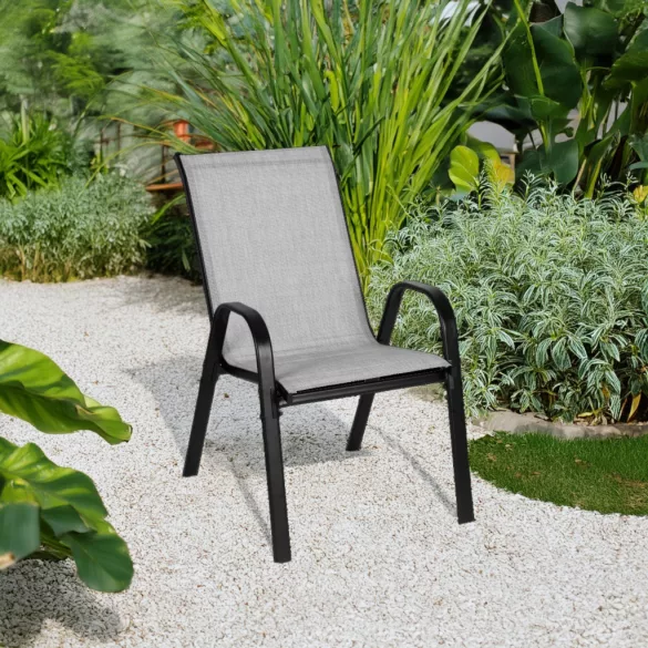 Kerti szék, MultiGarden SC-092KD-4, világosszürke, 72 x 55 x 90,5 cm, acél keret, textil, egymásra rakható, karfás, csúszásgátló lábak, 120 kg teherbírás, 4 db-os szett