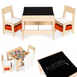   Gyerek asztal és szék szett, ECOTOYS ZKC-1C, 1 db asztal + 2 db szék, MDF, kétoldalas asztallap, fiókos székek