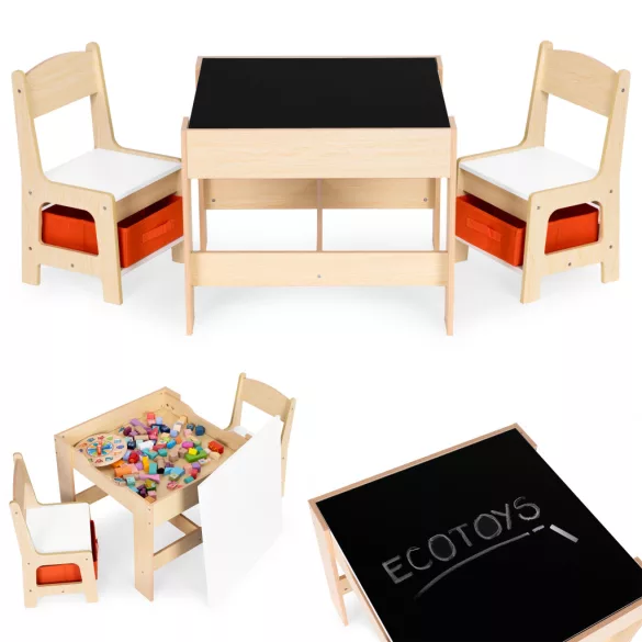Gyerek asztal és szék szett, ECOTOYS ZKC-1C, 1 db asztal + 2 db szék, MDF, kétoldalas asztallap, fiókos székek