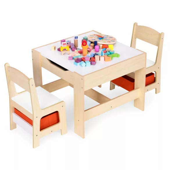Gyerek asztal és szék szett, ECOTOYS ZKC-1C, 1 db asztal + 2 db szék, MDF, kétoldalas asztallap, fiókos székek