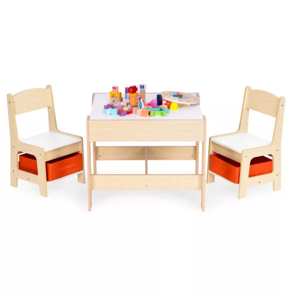Gyerek asztal és szék szett, ECOTOYS ZKC-1C, 1 db asztal + 2 db szék, MDF, kétoldalas asztallap, fiókos székek