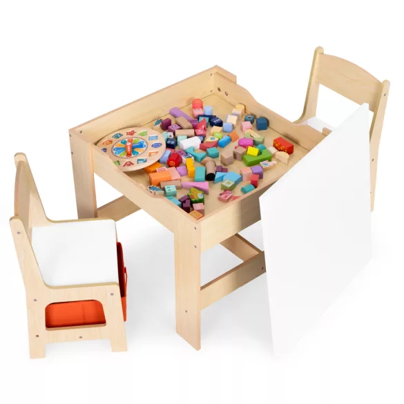 Gyerek asztal és szék szett, ECOTOYS ZKC-1C, 1 db asztal + 2 db szék, MDF, kétoldalas asztallap, fiókos székek