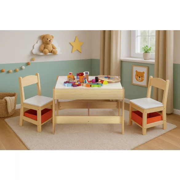 Gyerek asztal és szék szett, ECOTOYS ZKC-1C, 1 db asztal + 2 db szék, MDF, kétoldalas asztallap, fiókos székek