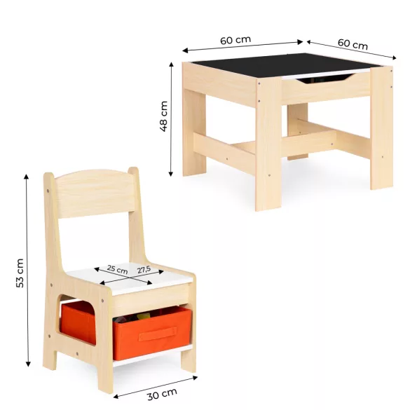 Gyerek asztal és szék szett, ECOTOYS ZKC-1C, 1 db asztal + 2 db szék, MDF, kétoldalas asztallap, fiókos székek