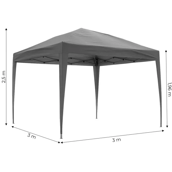 Kerti pavilon, MultiGarden PAW-3X3-A-GY, szürke, 3 x 3 m, fém vázzal, UV-álló és esőálló 210D PE ponyva, 2,5 m magassággal, hordtáskával