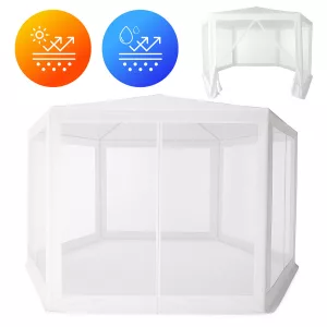 Kerti pavilon, MultiGarden PAW 2X2X2 N-W, fehér, 2 x 2 m, 6 szúnyoghálós oldalfallal, fém vázzal, vízálló PE ponyva, 2 m magassággal, cipzáras bejárat