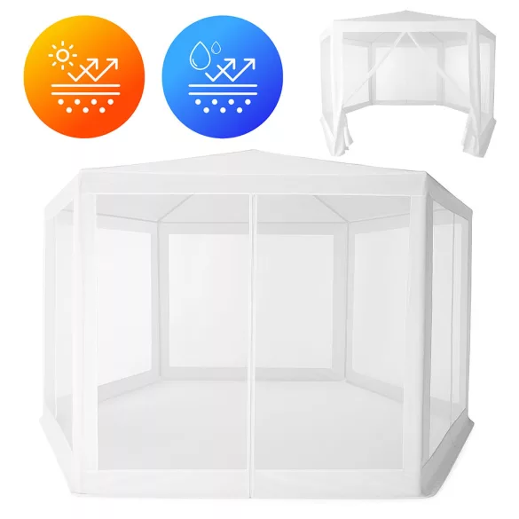 Kerti pavilon, MultiGarden PAW 2X2X2 N-W, fehér, 2 x 2 m, 6 szúnyoghálós oldalfallal, fém vázzal, vízálló PE ponyva, 2 m magassággal, cipzáras bejárat