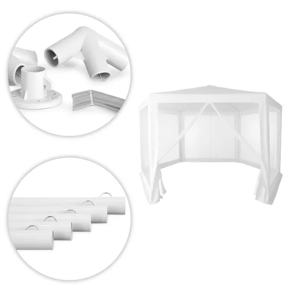 Kerti pavilon, MultiGarden PAW 2X2X2 N-W, fehér, 2 x 2 m, 6 szúnyoghálós oldalfallal, fém vázzal, vízálló PE ponyva, 2 m magassággal, cipzáras bejárat