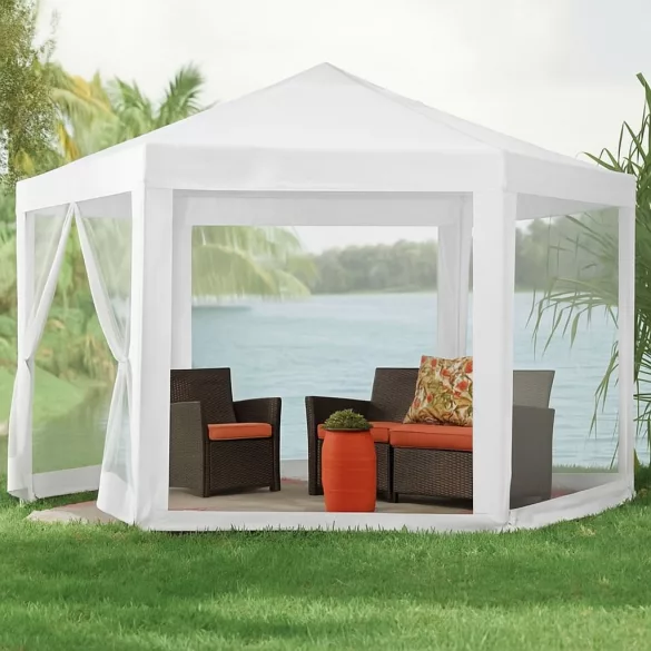 Kerti pavilon, MultiGarden PAW 2X2X2 N-W, fehér, 2 x 2 m, 6 szúnyoghálós oldalfallal, fém vázzal, vízálló PE ponyva, 2 m magassággal, cipzáras bejárat